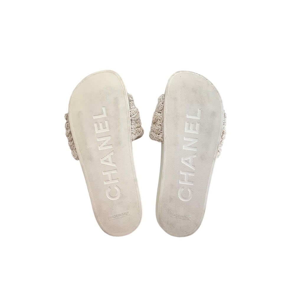 Chanel White Beaded Braided Sandal Slides - Picture 8 of 9